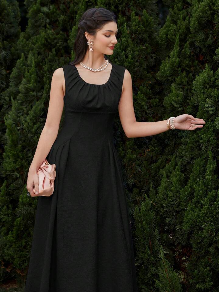 CM-DS541324 Women Elegant Seoul Style Solid Color Sleeveless Pleated A-Line Midi Dress - Black