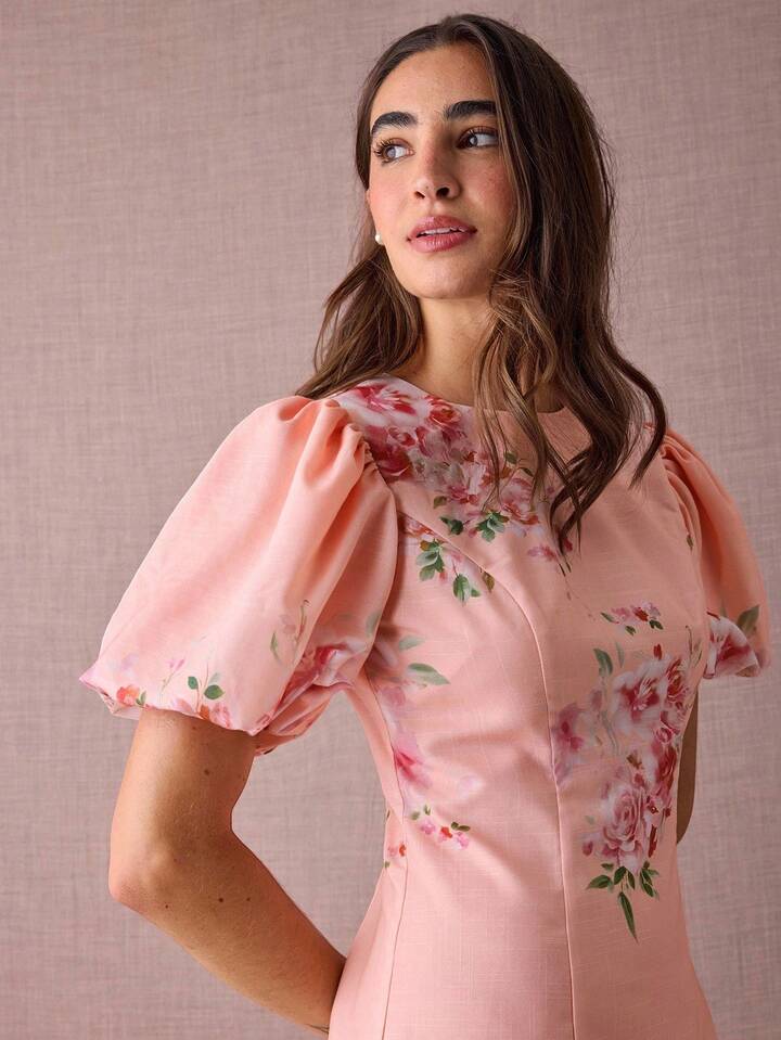 CM-DS460049 Women Elegant Seoul Style Floral Print Round Neck Puff Sleeve Lace Hem Mini Dress - Pink