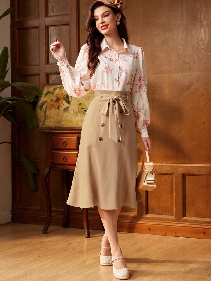 CM-BS221728 Women Casual Seoul Style Double-Breasted Bow Waist Belt Mermaid Skirt - Khaki