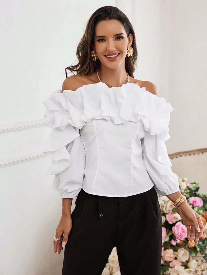 CM-TS435043 Women Elegant Seoul Style Off The Shoulder Exaggerated Ruffle Hem Shirt
