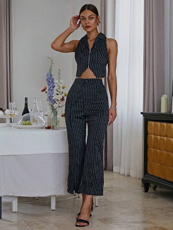 CM-SS108978 Women Elegant Seoul Style Vertical Striped Vest With Split Flared Pants Set - Black