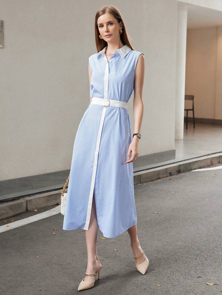 CM-DS018307 Women Casual Seoul Style Solid Color Shirt Collar Striped Sleeveless Dress