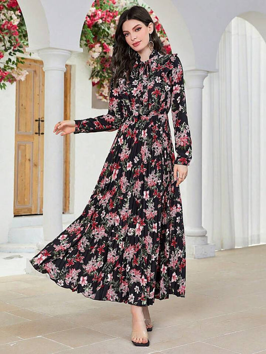 CM-DS652950 Women Trendy Bohemian Style Floral Print Long Sleeve Maxi Dress - Black