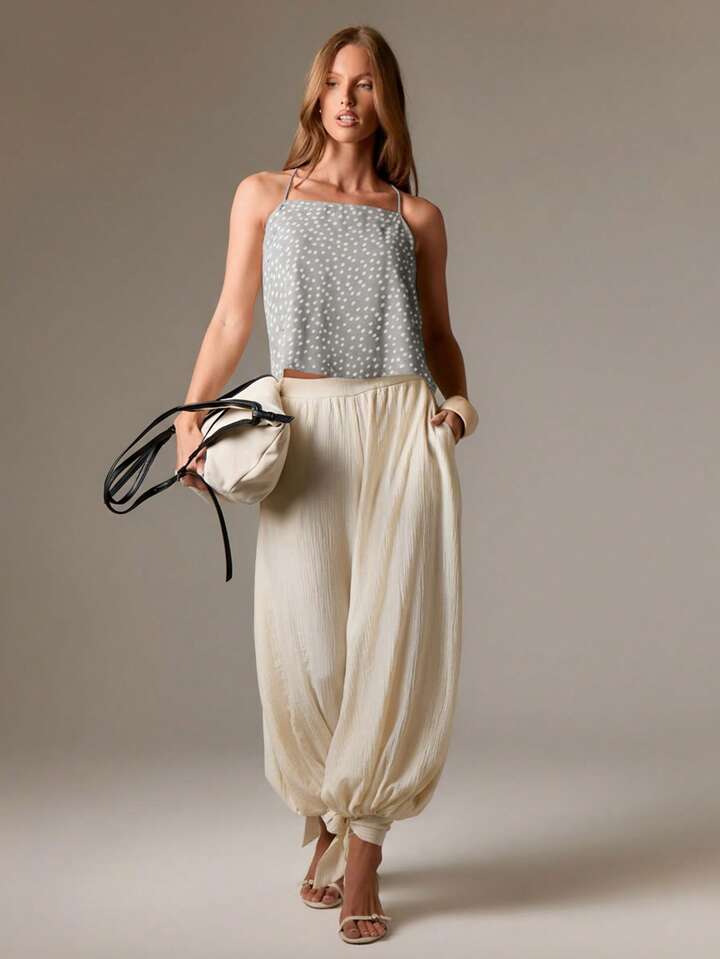 CM-TS322221 Women Casual Seoul Style Sheer Polka Dot Halter Back Tie Detail Sleeveless Blouse - Gray