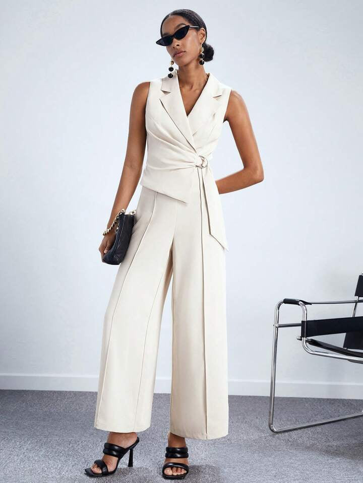 CM-JS565333 Women Elegant Seoul Style Lapel Neckline Sleeveless Wide Leg Jumpsuit - Beige