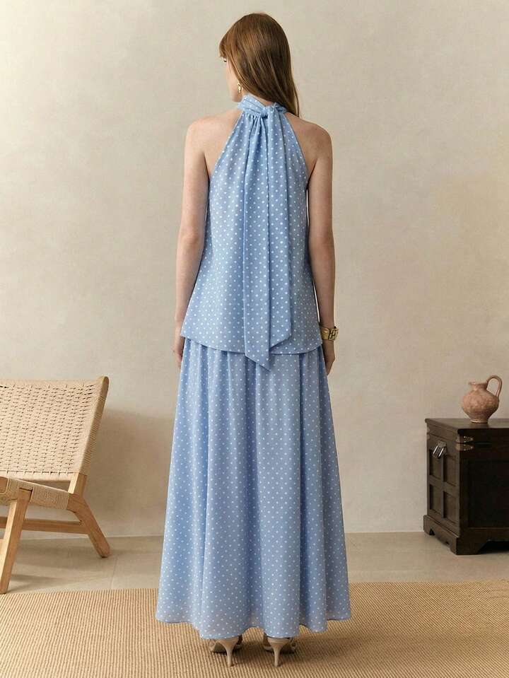 CM-SS109547 Women Trendy Bohemian Style Chiffon Polka Dot Print Sleeveless Halter Neck Top With Skirt - Set