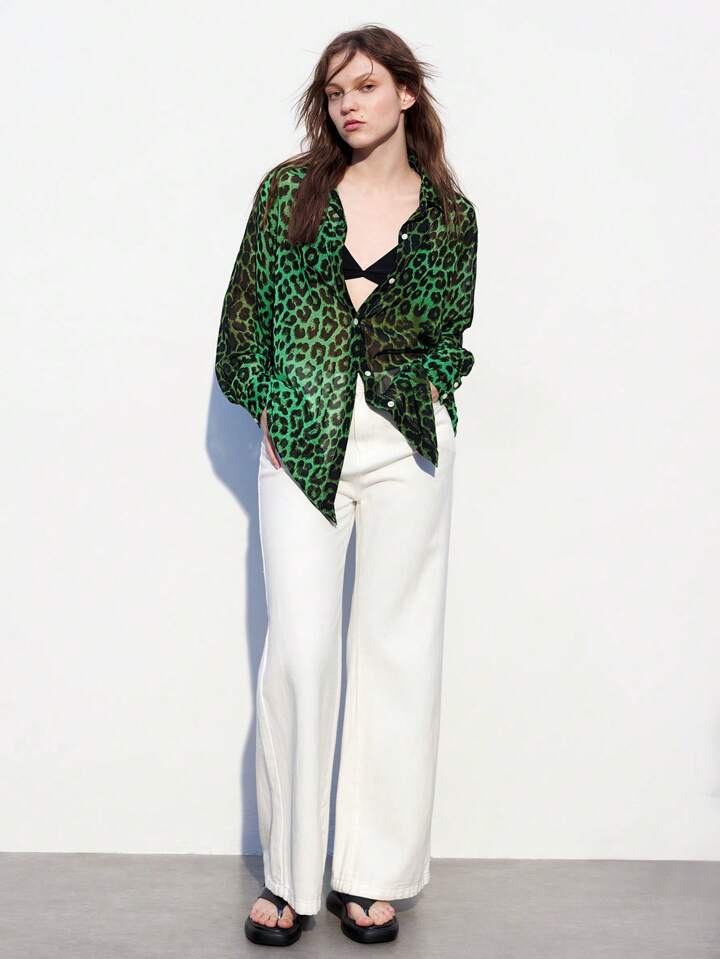 CM-TS315912 Women Casual Seoul Style Collar Neckline Print Drop Shoulder Long Sleeve Shirt