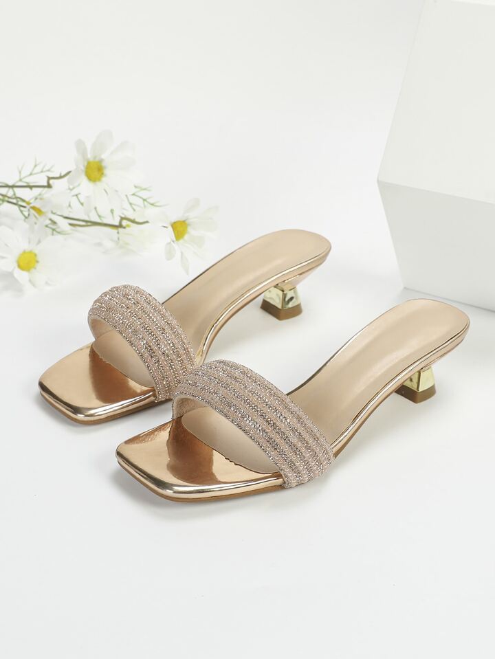 CM-SHS624904 Women Trendy Seoul Style Rhinestone Decor Sculptural Heeled Open Toe Mule Sandals - Champagne