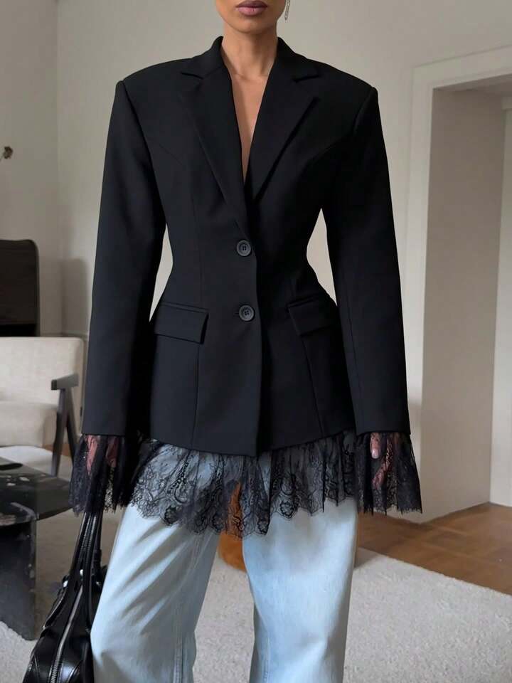 CM-CS055860 Women Elegant Seoul Style Solid Color Pocket Lace Patchwork Button Waist Blazer Jacket - Black