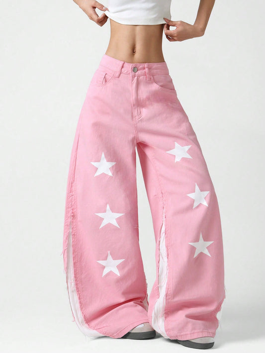 CM-BS311893 Women Casual Seoul Style Mid Waist Printed Patchwork Loose Wide Leg Denim Jeans - Pink