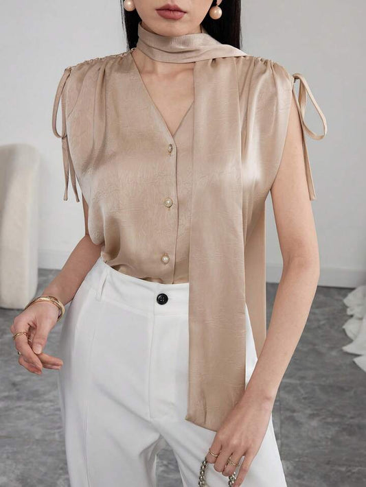 CM-TS690870 Women Elegant Seoul Style Solid Color Ruched Shoulder Tie Front Short Sleeve Blouse
