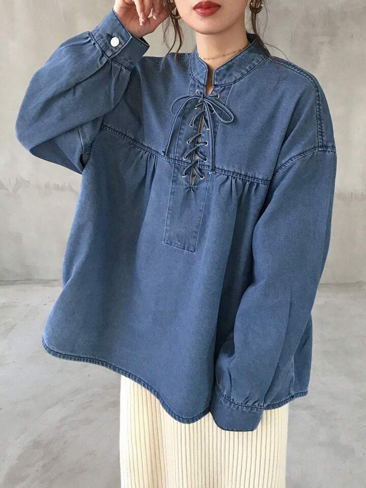 CM-TS359709 Women Casual Seoul Style Loose Stand Collar Tie Front Long Sleeve Denim Blouse - Blue