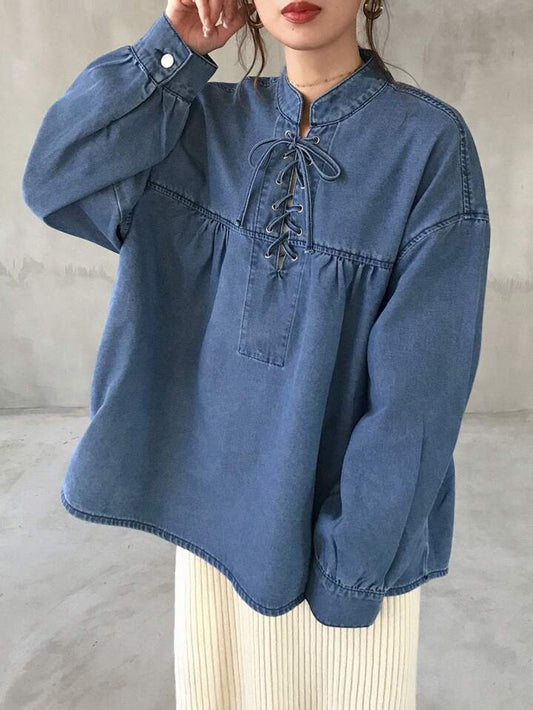 CM-TS359709 Women Casual Seoul Style Loose Stand Collar Tie Front Long Sleeve Denim Blouse - Blue