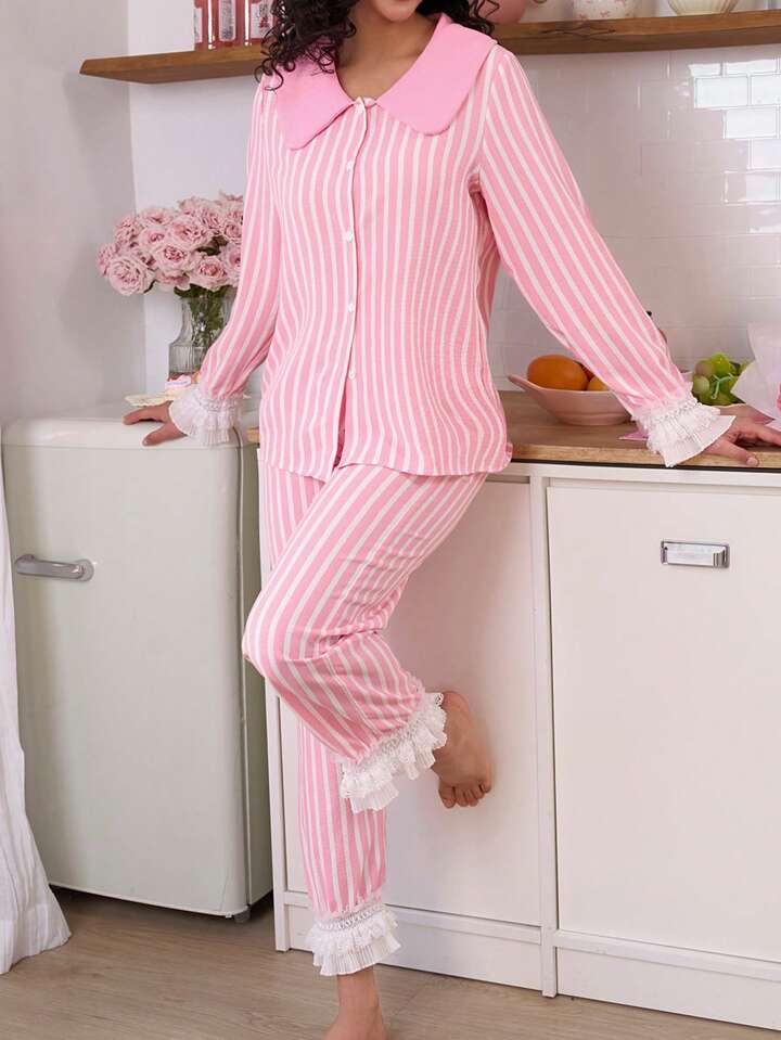 CM-LS611601 Women Trendy Seoul Style Peter Pan Collar Lace Patchwork Loose Pajama Set - Pink