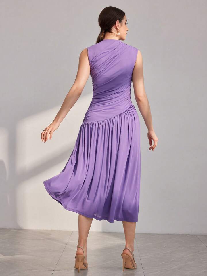 CM-DS870897 Women Elegant Seoul Style Stand Collar Pleated Sleeveless Dress - Mauve Purple