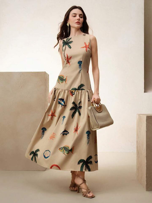 CM-DS821000 Women Elegant Seoul Style Round Neck Sleeveless Ruched Waist A-Line Maxi Dress - Khaki
