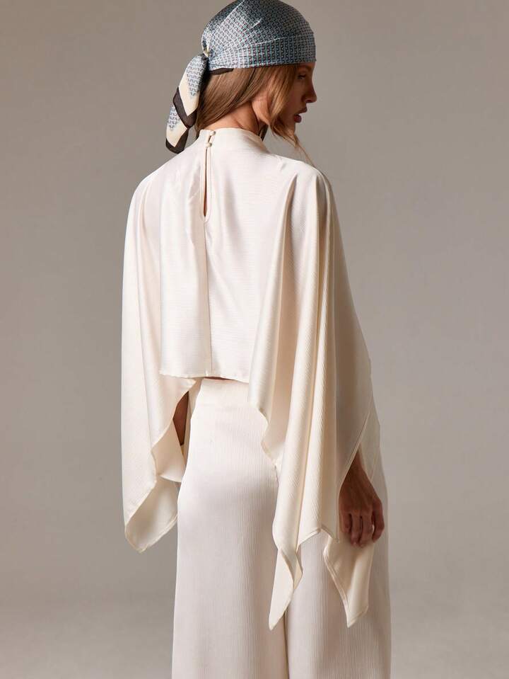 CM-TS999111 Women Elegant Seoul Style High Neck Draped Long Sleeve Flowing Chiffon Top Asymmetrical Hem Blouse