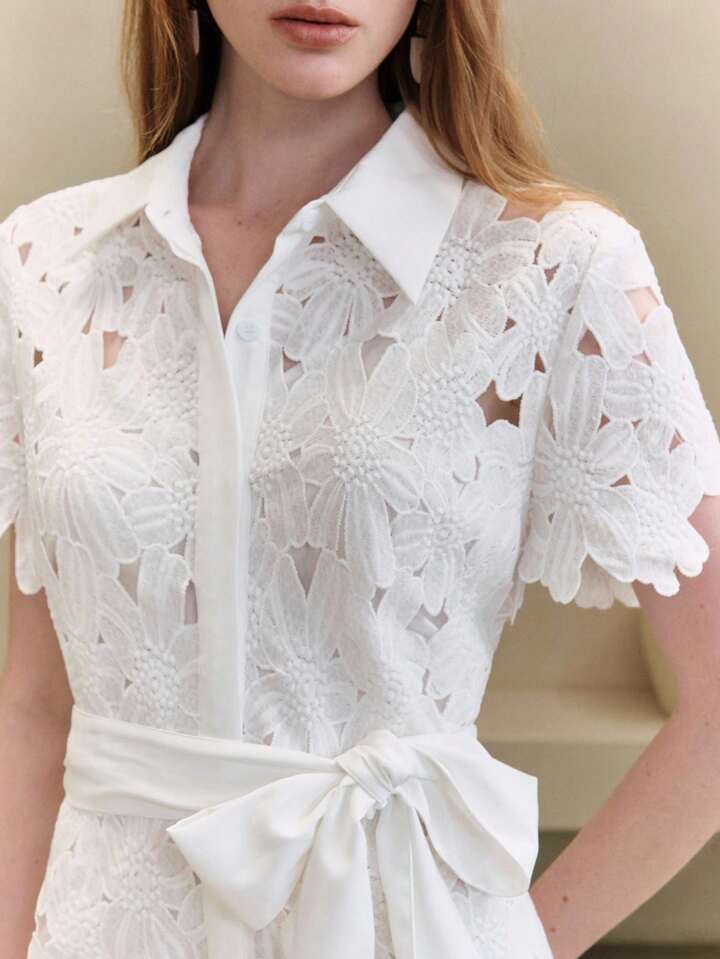 CM-DS577050 Women Trendy Bohemian Style Lace Hollow-Out Embroidered Floral Short Sleeve Open-Front Maxi Dress