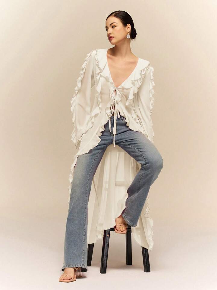 CM-TS176249 Women Casual Seoul Style Ruffle Tie Neck Extra Long Sleeve Sheer Long Shirt - Apricot