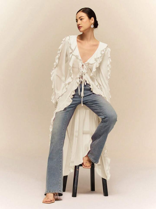 CM-TS176249 Women Casual Seoul Style Ruffle Tie Neck Extra Long Sleeve Sheer Long Shirt - Apricot