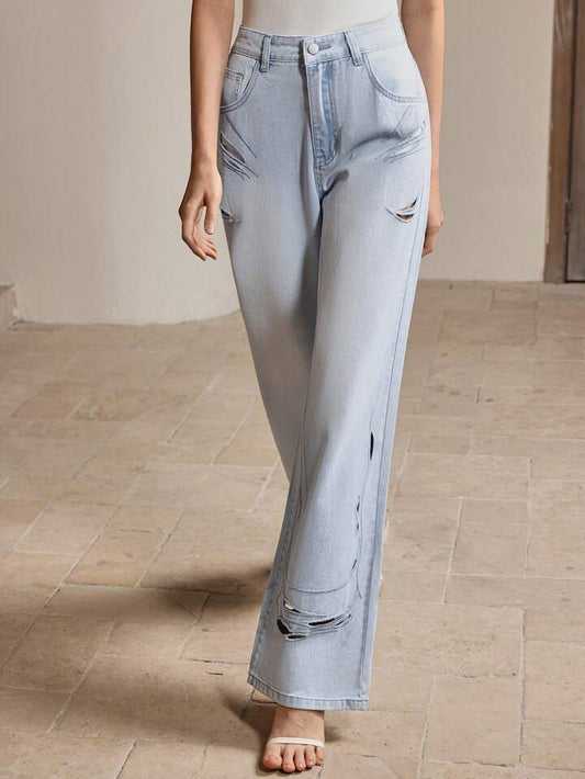 CM-BS909369 Women Casual Seoul Style Light Wash Mid Waist Distressed Straight Leg Jeans