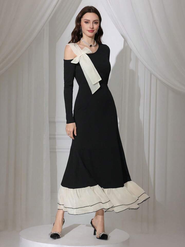 CM-DS763665 Women Elegant Seoul Style Bow Decor Asymmetrical Neck Long Sleeve Dress - Black
