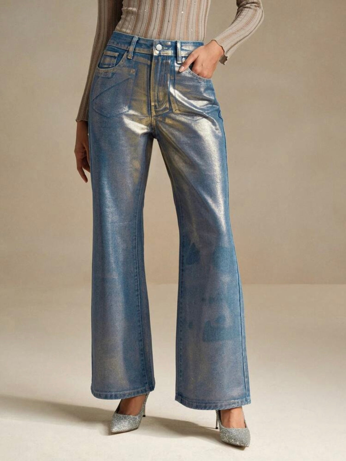 CM-BS502302 Women Elegant Seoul Style Metallic Effect Loose Fit Wide Leg Jeans - Blue