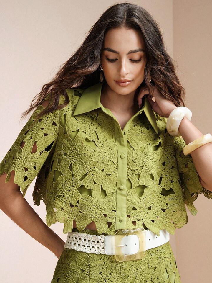 CM-SS474718 Women Trendy Bohemian Style Laser Cut Out Embroidered Short Sleeve Crop Top With Wide Leg Pants - Set