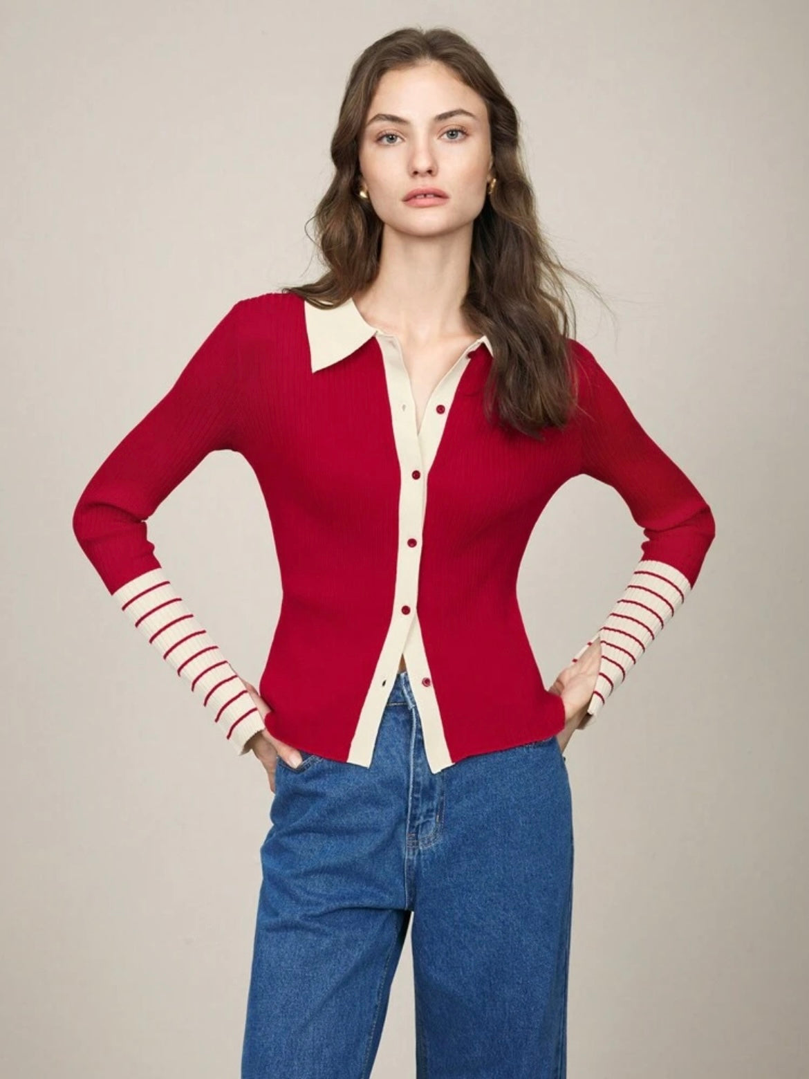 CM-CS006001 Women Casual Seoul Style Striped Long Sleeve Button-Up Rib Knit Sweater - Red