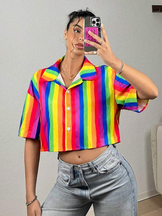 CM-TS108686 Women Casual Seoul Style Rainbow Striped Drop-Shoulder Short Sleeve Shirt