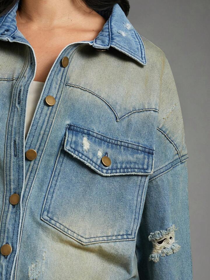 CM-CS982285 Women Casual Seoul Style Medium Wash Collar Neckline Long Sleeve Tinted Ripped Denim Jacket