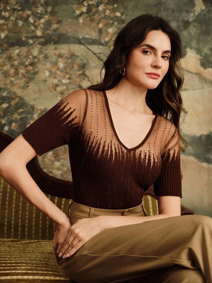 CM-CS952750 Women Elegant Seoul Style Rhinestone Embellished V-Neck Short Sleeve Knit Tops - Brown