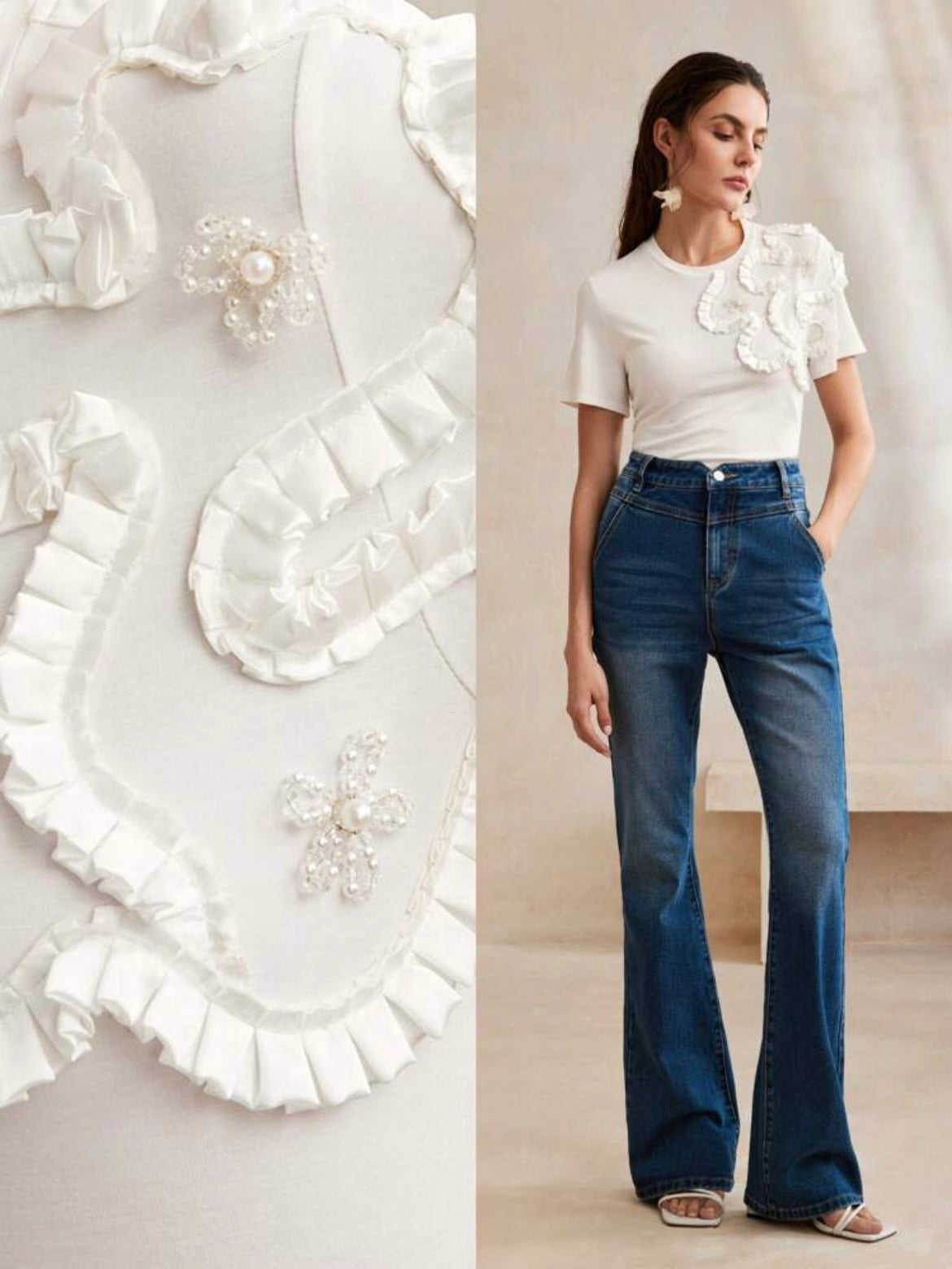 CM-TS986634 Women Casual Seoul Style Slim Fit Elastic 3D Floral Print Short Sleeve T-Shirt Top - White