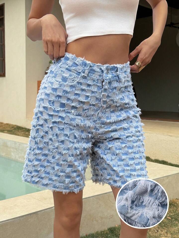 CM-BS354529 Women Casual Seoul Style Light Wash Textured Plaid Fringe Hem Straight Leg Loose Denim Shorts