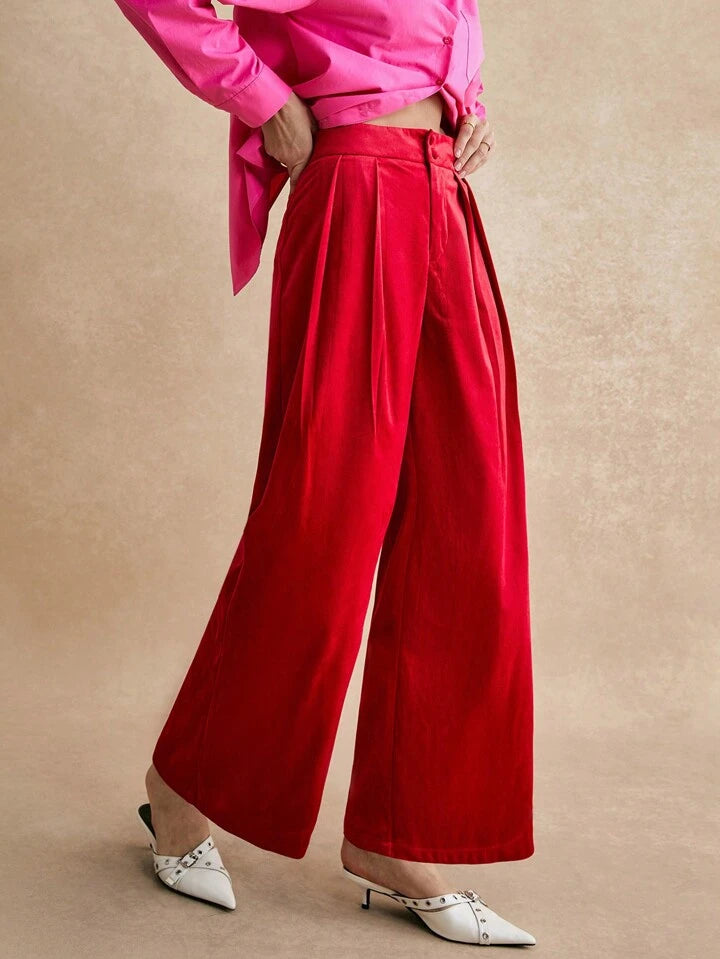 CM-BS143380 Women Elegant Seoul Style Waistband Double Button Velvet Pleated Trousers - Red