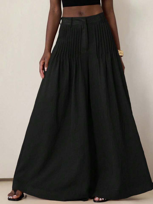 CM-BS515766 Women Casual Seoul Style Mid Elastic Waist Pleated Wide Leg Pants - Black