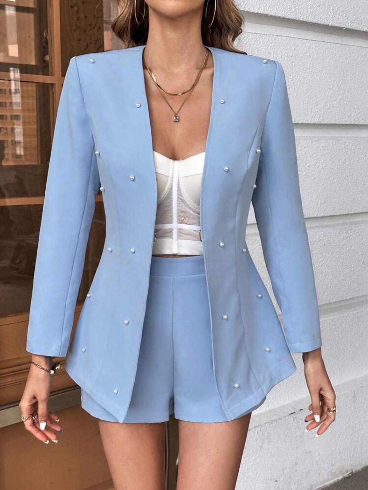 CM-SS980803 Women Elegant Seoul Style Pearls Beaded Open Front Blazer With Shorts - Set