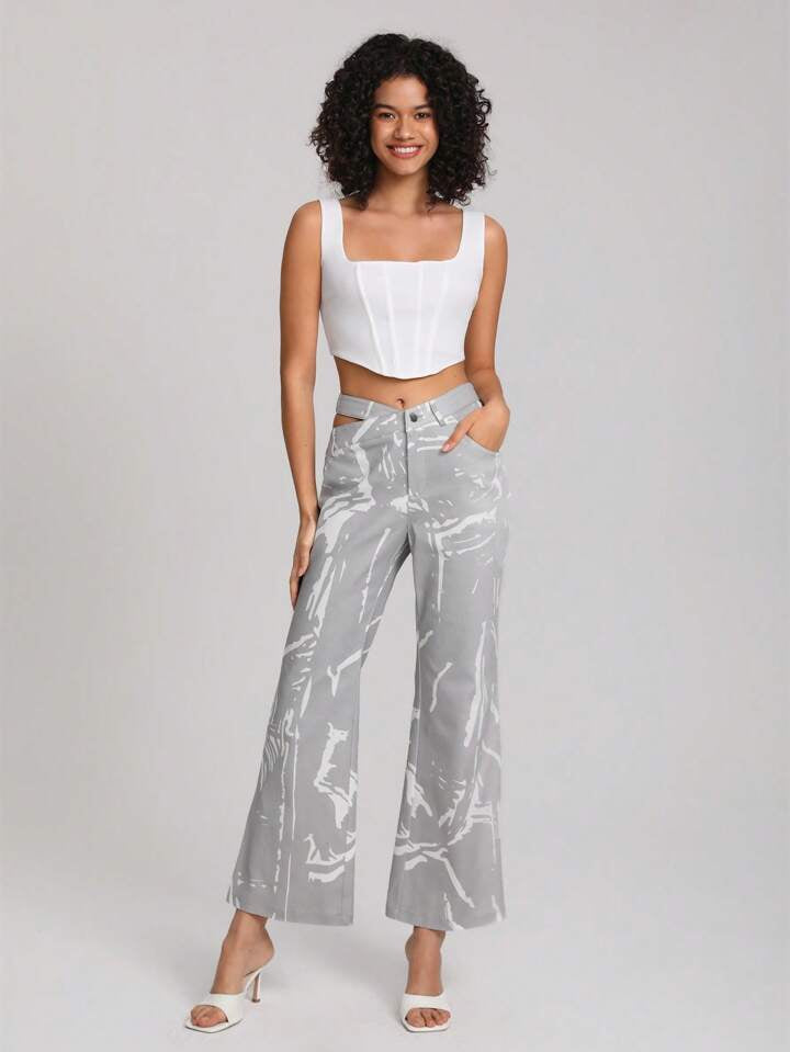 CM-BS439183 Women Casual Seoul Style Graphic Print Cut Out Waist Flare Leg Pants - Gray