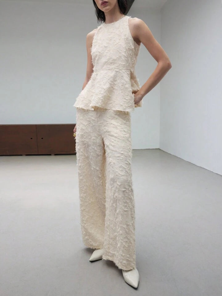 CM-SS081171 Women Elegant Seoul Style Texture Round Neck Sleeveless Top With Wide Leg Pants - Set