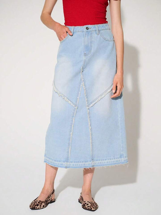 CM-BS781136 Women Casual Seoul Style Fray Seam Non-Stretch Summer Denim Midi Skirt - Blue