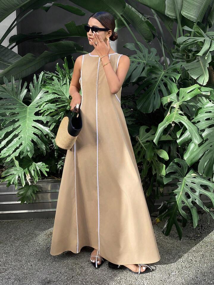 CM-DS310309 Women Casual Seoul Style Color-Conflicting Panels Sleeveless Loose Long Dress - Khaki