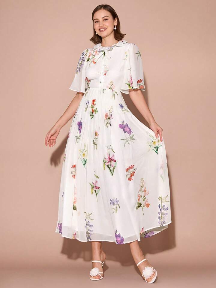 CM-DS117451 Women Elegant Seoul Style Round Neck Floral Pleated Hem Trumpet Short Sleeves Maxi Dress