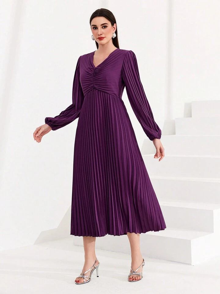 CM-DS825481 Women Elegant Seoul Style V-Neck Pleated Lantern Sleeve Dress - Purple