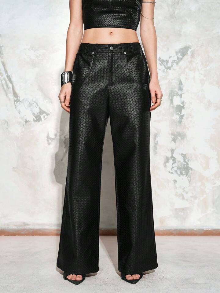 CM-BS364653 Women Elegant Seoul Style Elastic Waist Plaid Weave Versatile Faux Leather Pants - Black