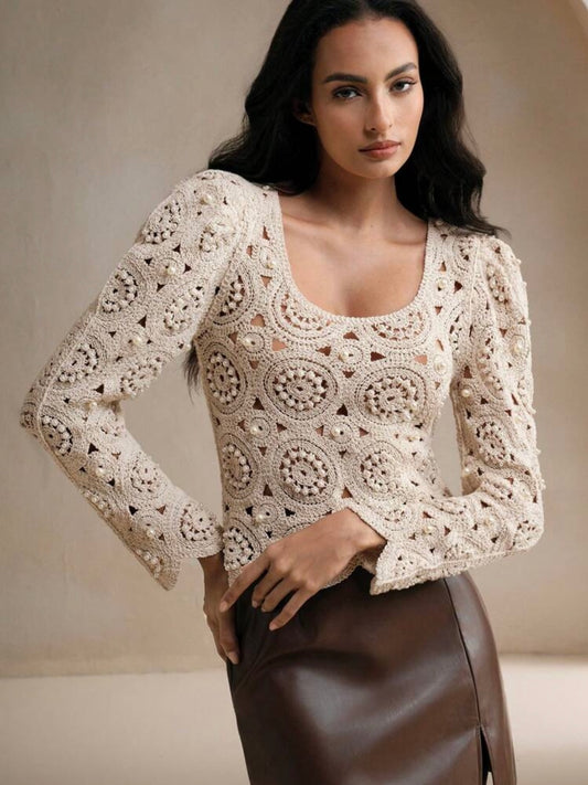 CM-TS061691 Women Elegant Seoul Style Square Neck Hollow Out Lantern Sleeve Blouse - Apricot