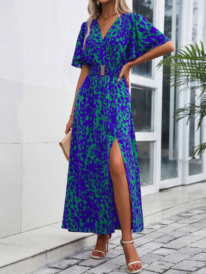 CM-DS183693 Women Trendy Bohemian Style All-Over Print Overlapping V-Neck Ruffle Short Sleeves Dress