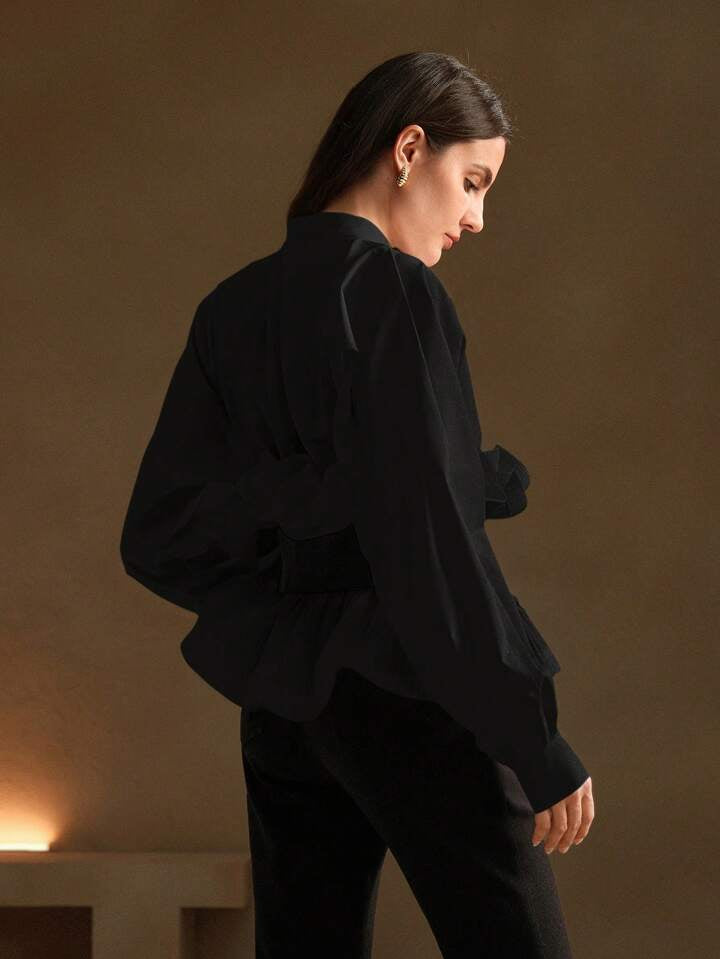 CM-TS065109 Women Elegant Seoul Style Waisted Multilayer Ruffle Hem Loose Blouse - Black