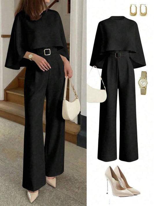 CM-JS286526 Women Elegant Seoul Style Round Neck Cloak Sleeve Cinched Waist High Waist Jumpsuit - Black