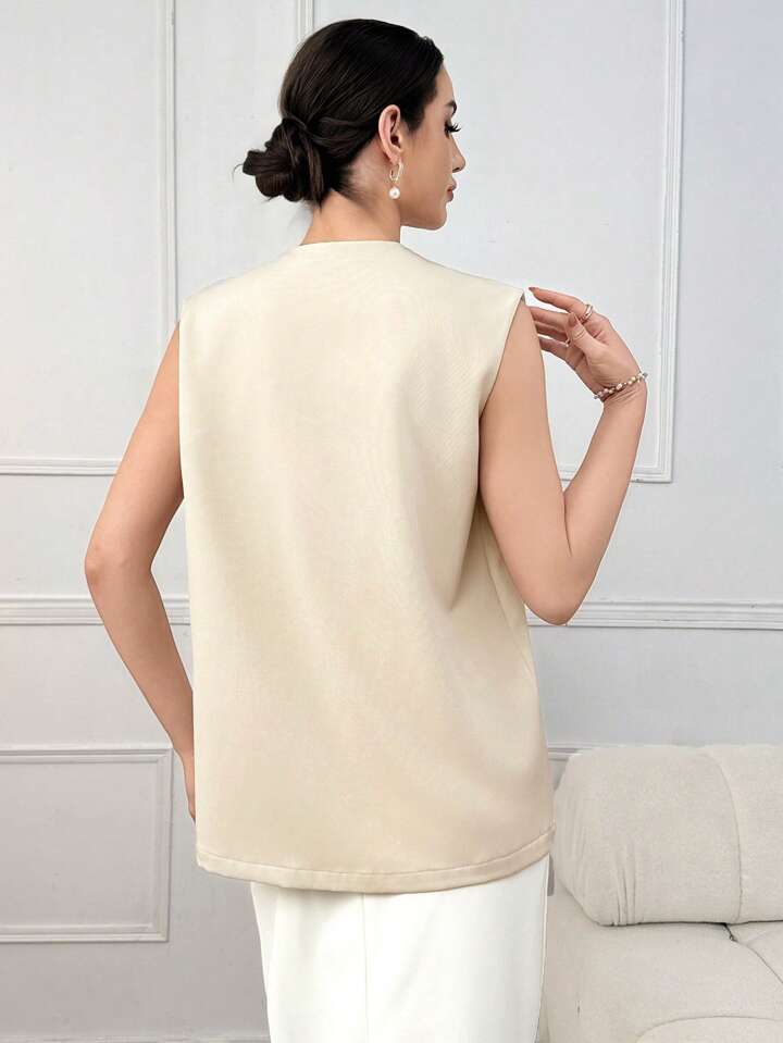 CM-TS380126 Women Casual Seoul Style Solid Button Detail Wrap Hem Blouse - Apricot