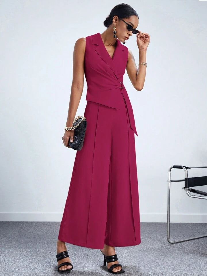 CM-JS558911 Women Elegant Seoul Style Lapel Neckline Sleeveless Wide Leg Jumpsuit - Hot Pink